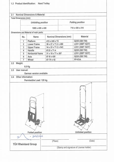 Handwagen Belastung 120 KG GS-Prüfbericht